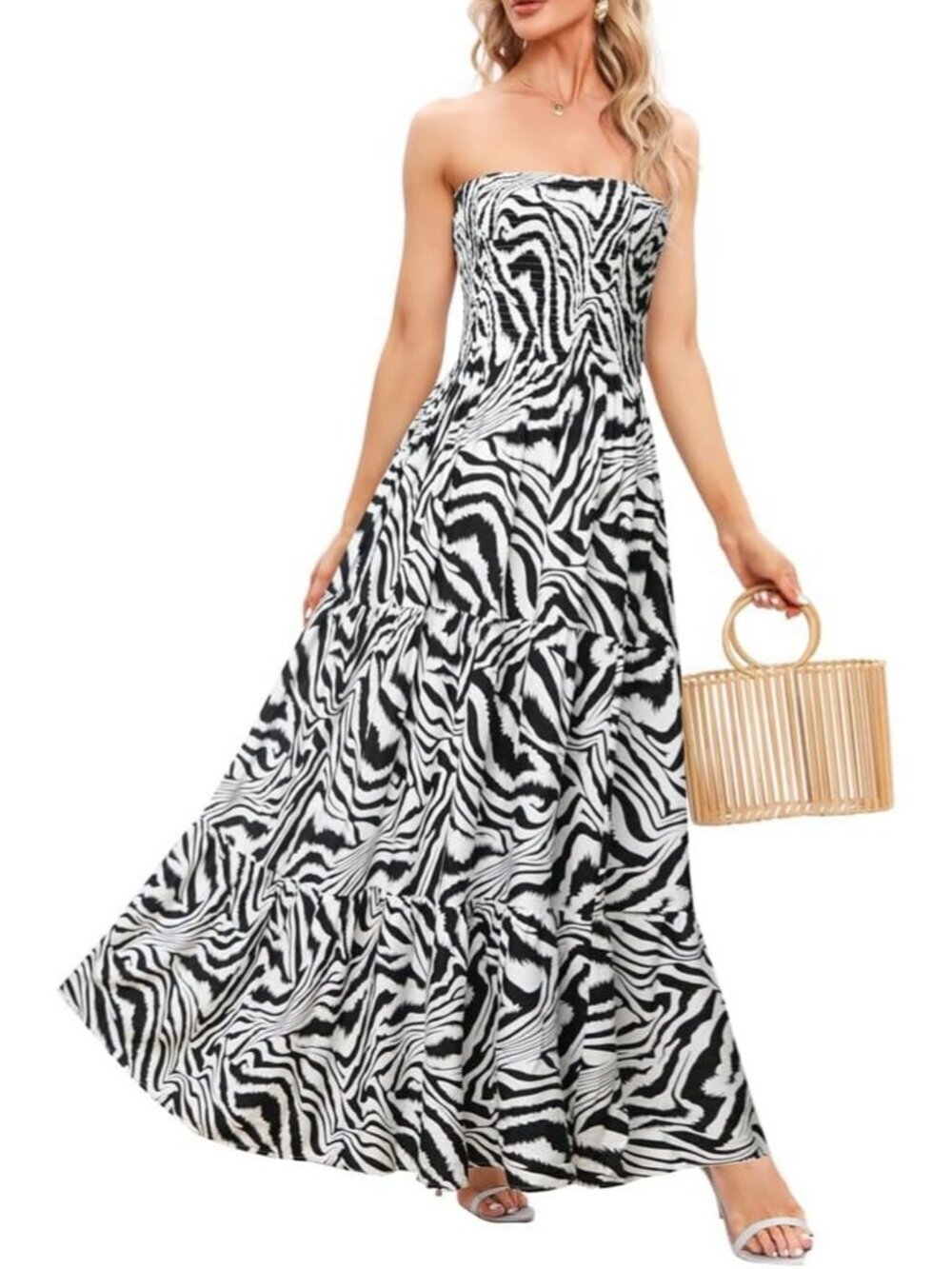 Women's Black Zebra Casual Off Shoulder Strapless Tube Top Beach Maxi Dress - Picture 3 of 4
